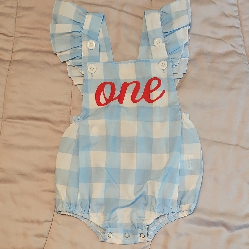 Blue Checkered Baby Romper with Red 'One'